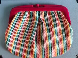 Vintage Italian Woven Clutch Multi Stripe Pink Frame Made in Italy 60s Purse